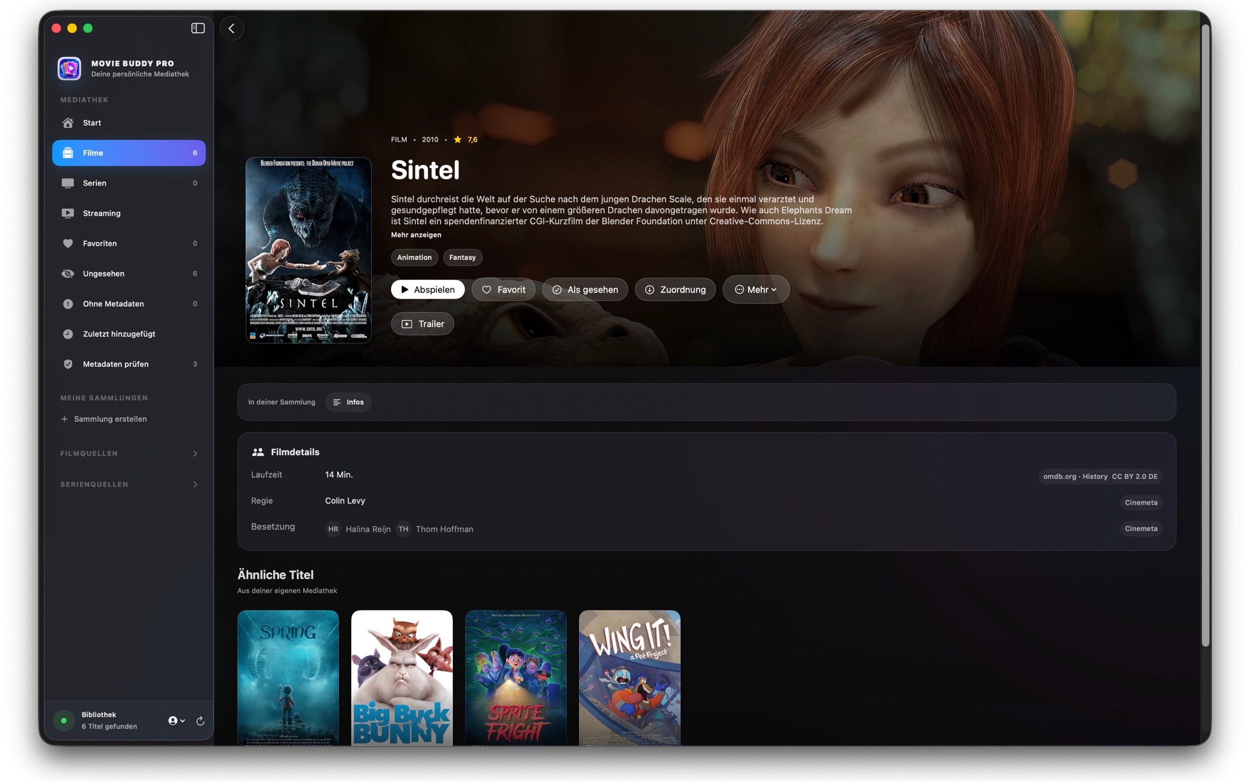 Detailansicht eines Films mit Beschreibung, Wiedergabe und Metadaten in Movie Buddy