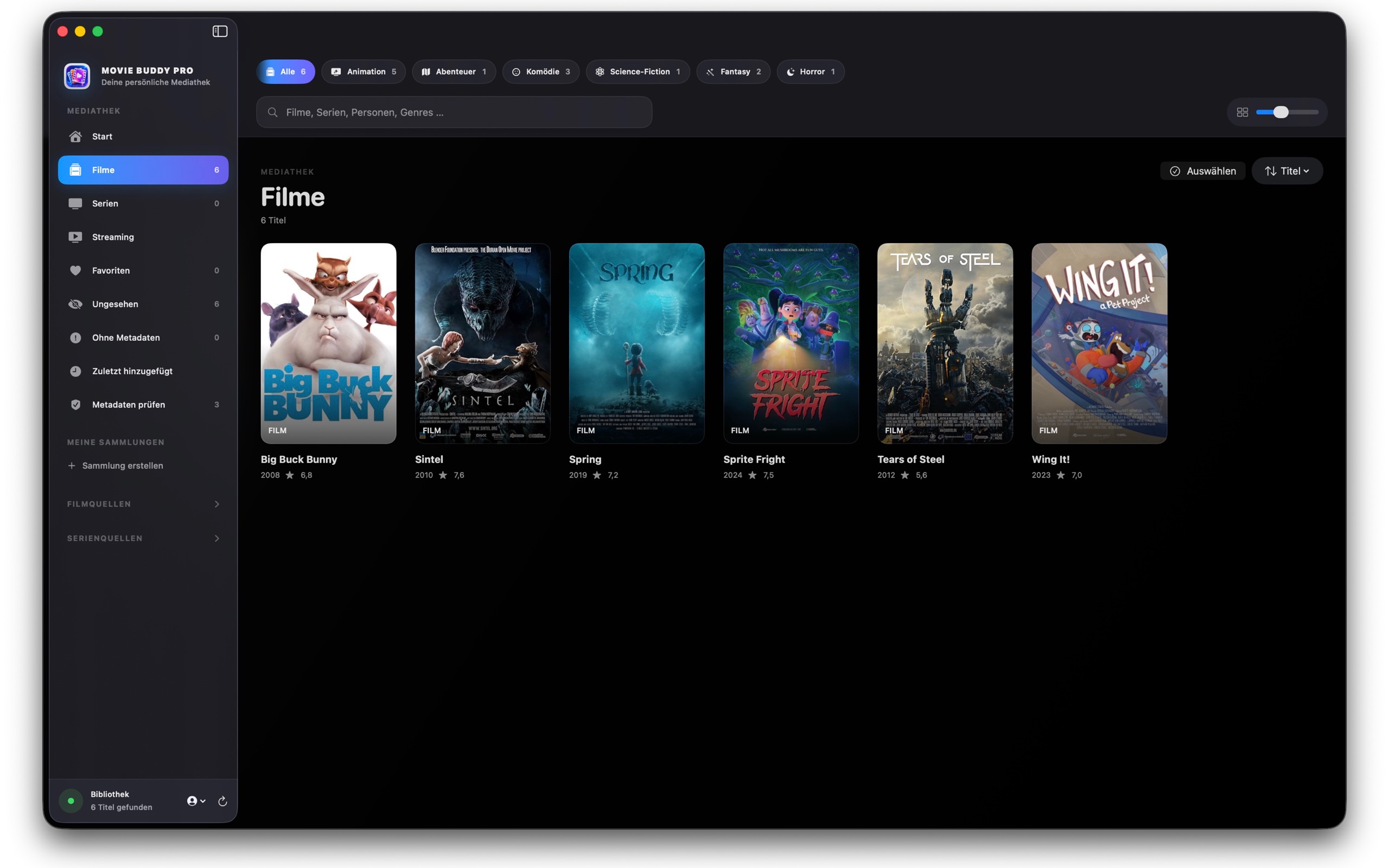 Movie Buddy Filmmediathek mit Filmpostern, Suche und Kategorien auf macOS