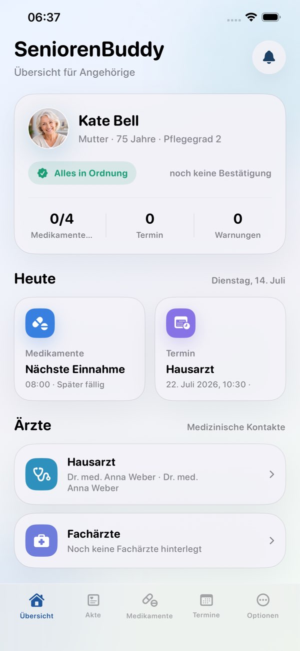 Tagesübersicht mit Medikamenten und Terminen in SeniorenBuddy