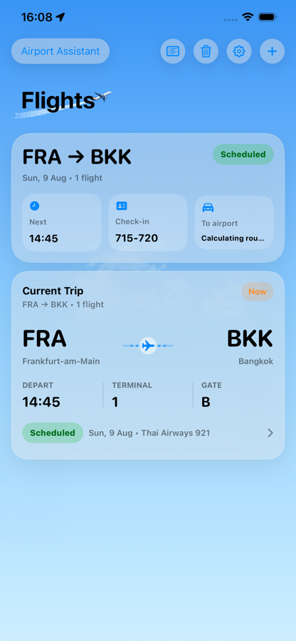 FlyBuddy App auf einem iPhone mit Flugübersicht