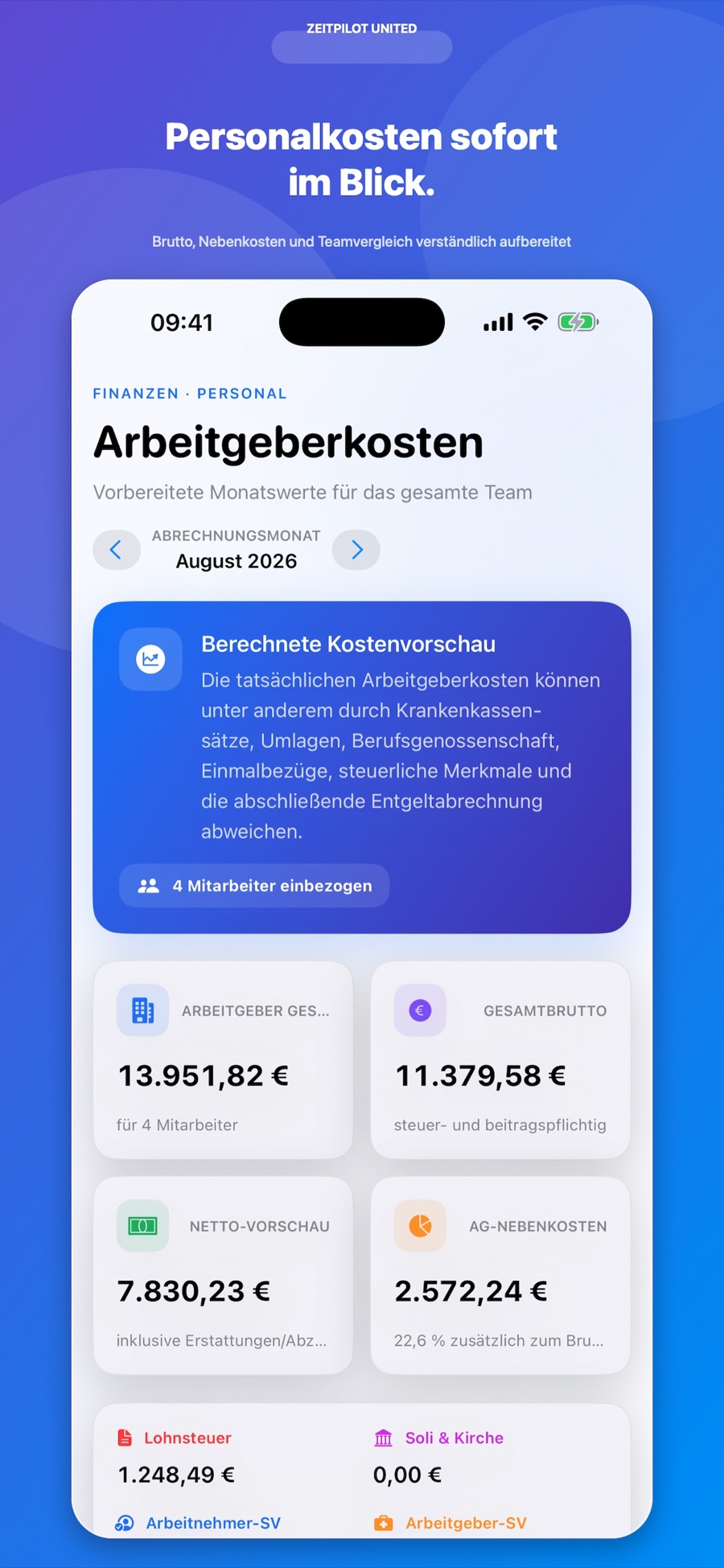 ZeitPilot Übersicht der Arbeitgeberkosten