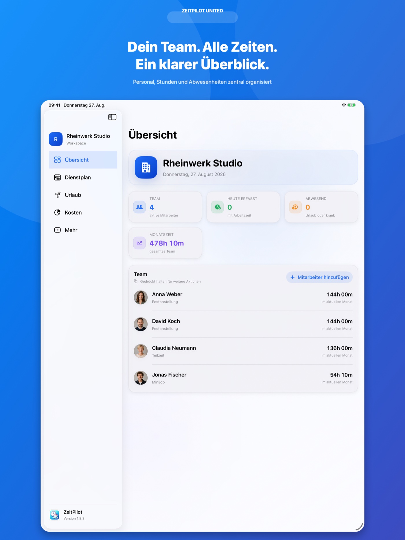 ZeitPilot Teamübersicht auf dem iPad