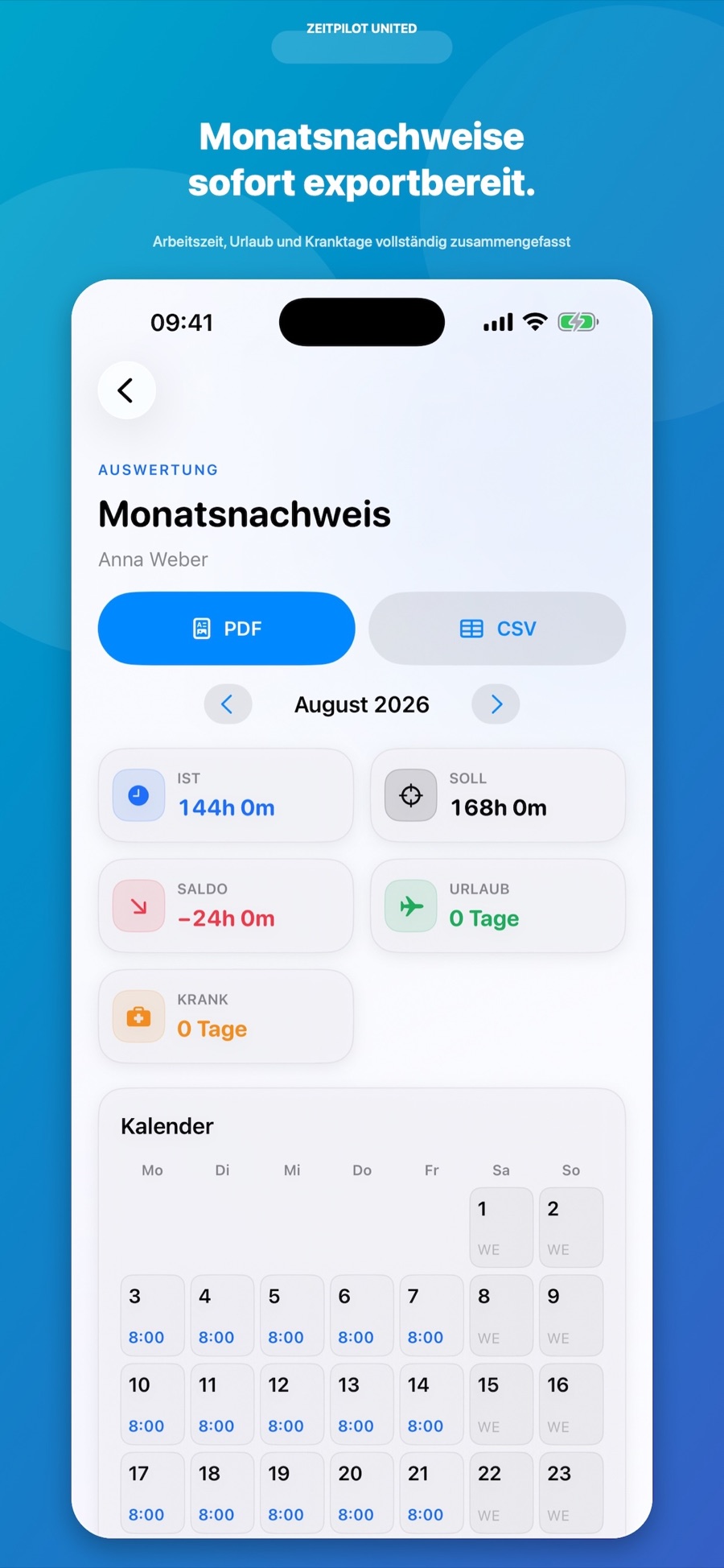ZeitPilot Monatsnachweis mit Arbeitszeit, Sollzeit, Saldo und Export
